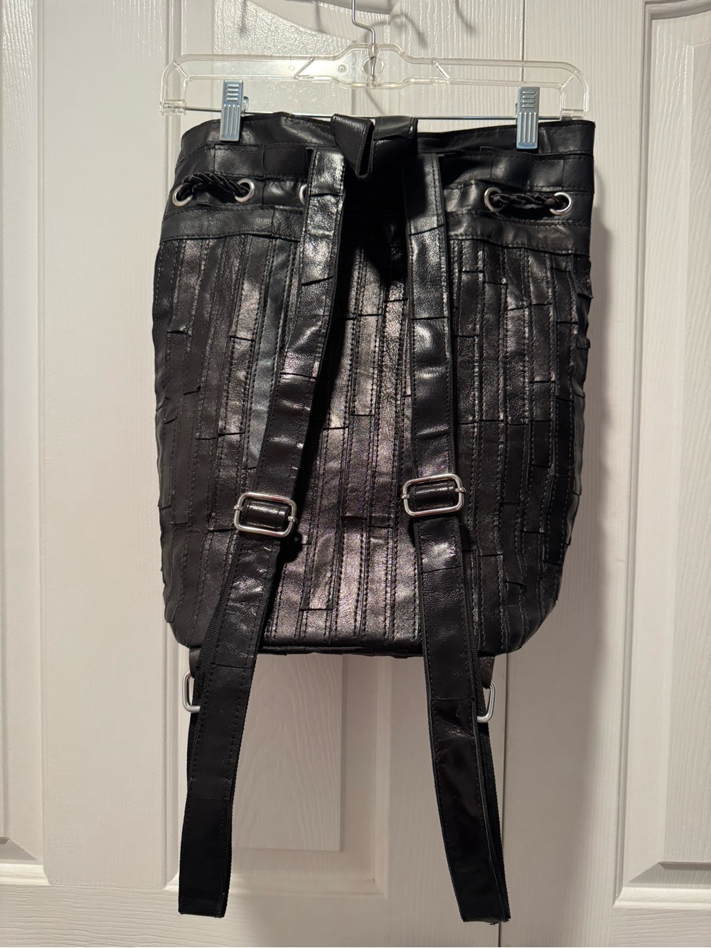 Black Leather Ruffle Drawstring Women’s Backpack - Picture 6 of 8